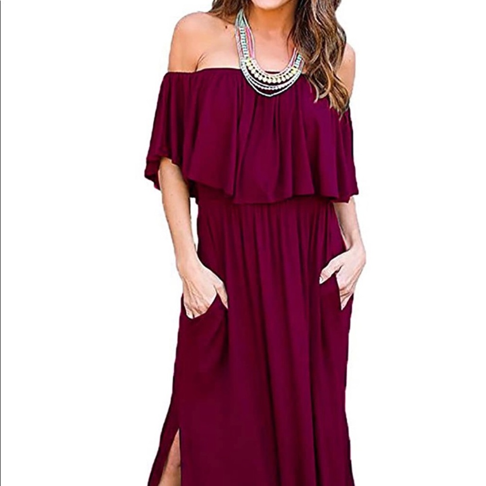 Cute woman’s off the shoulder maxi dress.